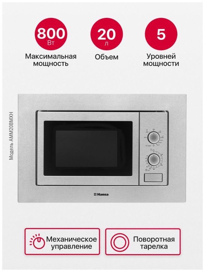 Встраиваемая микроволновая печь СВЧ Hansa AMM20BMXH фото 2