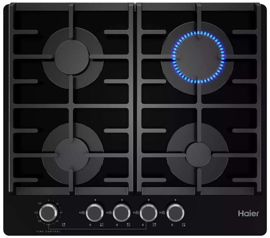 Газовая варочная панель Haier HHX-G64CNMB 58 см, 4 конфорки электроподжиг газконтроль, черный фото 1