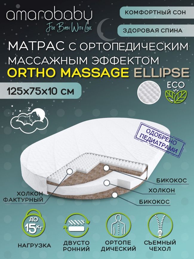 Матрас для кроватки Amarobaby с ортопедическим массажным эффектом, Ortho Massage Ellipse 1250 x 750 х 100, AMARO-331275-OM фото 2